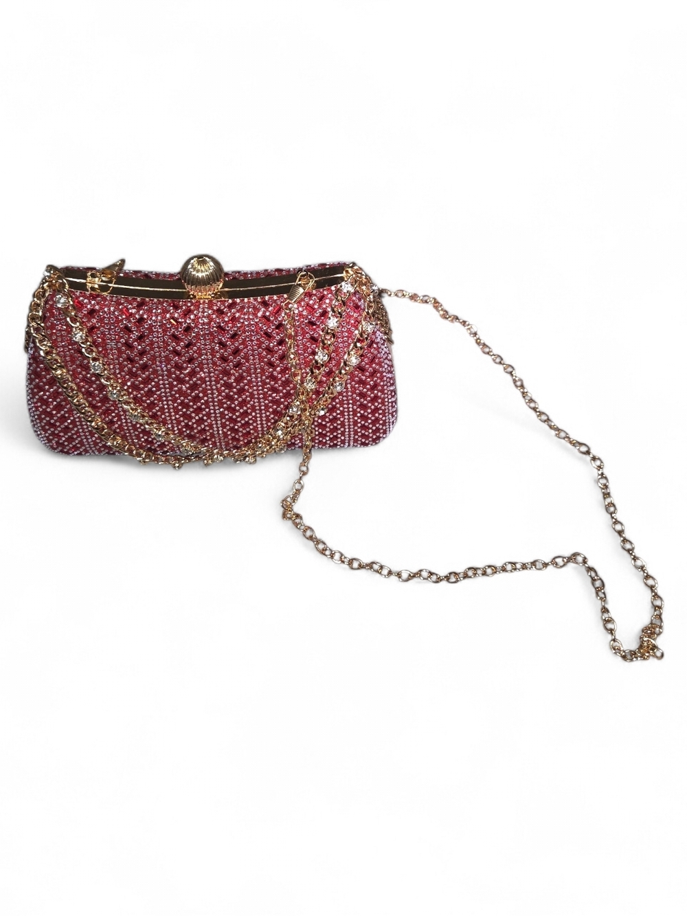 Elegant Red Crystal Evening Clutch with Gold Chain - Picture 3 of 7